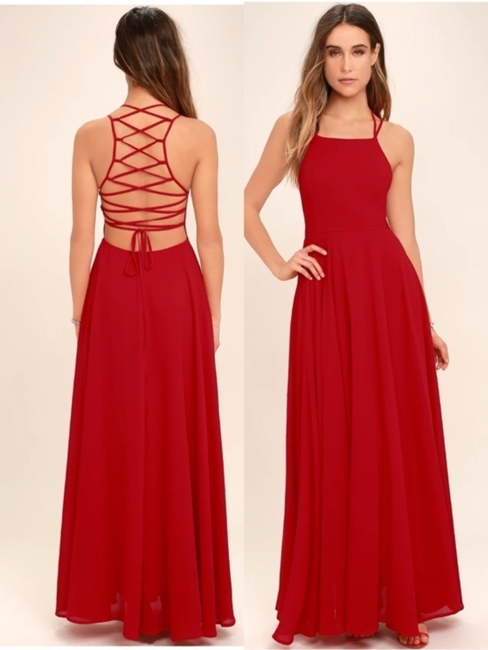 NWT Lulu’s Strappy To Be Here Red Lace-Up Maxi Dress Large Romantic Chic 415402